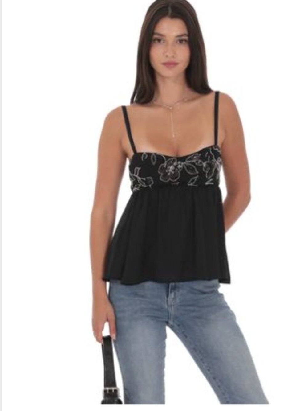 Lucy in the Sky Beaded Babydoll Top in Black Size Small